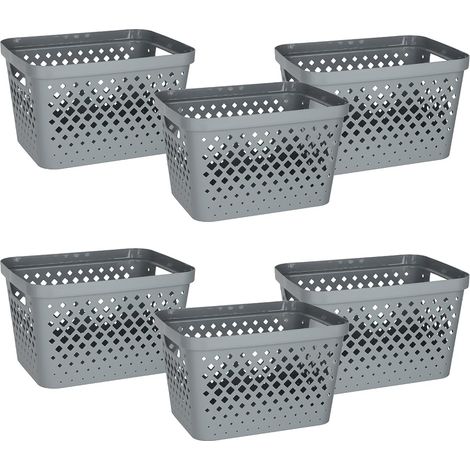Lot de 6 paniers de rangement en plastique Bacs de rangement ouverts pour étagères, salle de bain, garde-manger, placard Boîtes de rangement gigognes avec poignées, 12,7 L, gris (1/5)