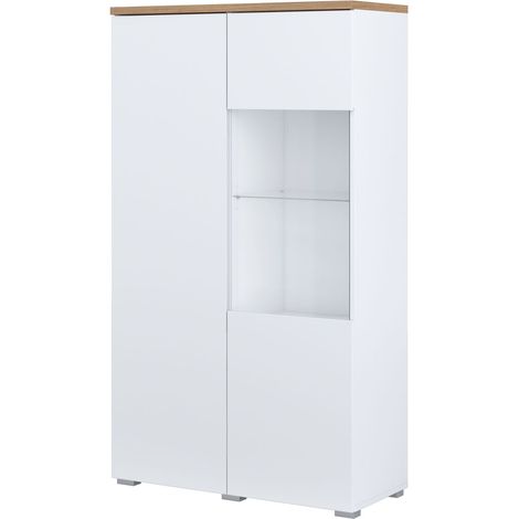 Estantería Baletu 108, Blanco + Roble, Con puertas, Cerrable, Vidrio, Aglomerado laminado, Número de puertas: 0, Número de cajones: 0, 140x80x35cm