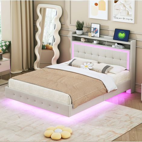 Lit 140x200 USB LED, double en tissu beige OKMYHOME (1/5)