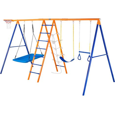 Balançoire 6-en-1 pour jardin, avec 2 balançoires, barre de trapèze, échelle, filet d'escalade et panier de basket, capacité 440 lbs, métal robuste, pour enfants dès 3 ans. (1/5)