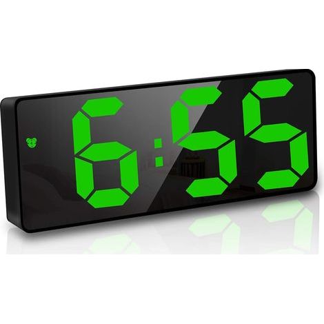 Réveil numérique, 6,7 pouces miroir LED horloge numérique réveil de chevet alarme matinale, activé par la voix/pas de tic/snooze/température/date heure luminosité réglable pour enfants adultes, vert