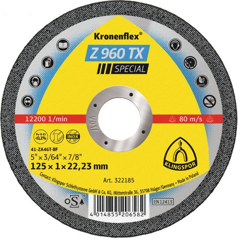 Disque de coupe zircon Klingspor Z 960 TX 125 x 1 x 22,23 mm plat 25 pièces (1/2)