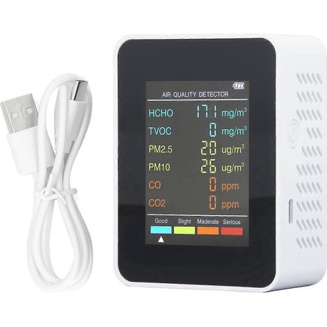 Tragbarer Luftqualitätsmonitor mit LCD-Hintergrundbeleuchtung, CO2-, TVOC-, HCHO-, PM2,5- und PM10-Detektor mit Alarmfunktion, weiß