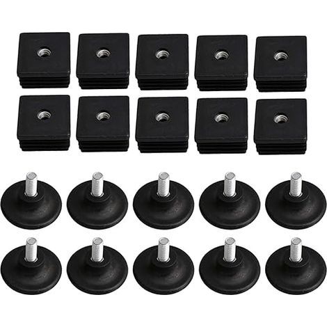 40mm x 40mm M8 Thread Black Plastic Furniture Leg Caps Blind Plugs Plug-in Caps with Adjustable Thread Feet for Square Tube Pack of 10 (1/4)