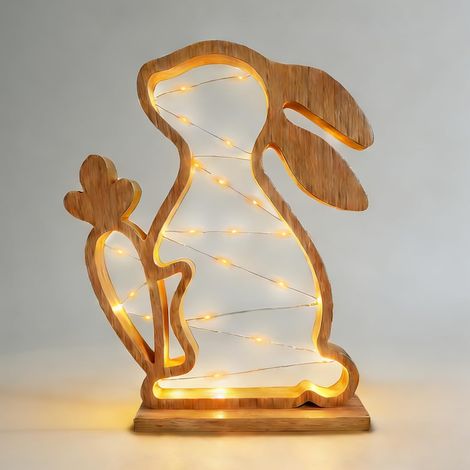 Lapin de Pâques en Bois avec Guirlande Lumineuse LED, Lampe Debout pour Décoration de Table, Printemps Intérieur Deco Printemps Lampe Lapin Bricolage pour Intérieur Figurine (1/5)