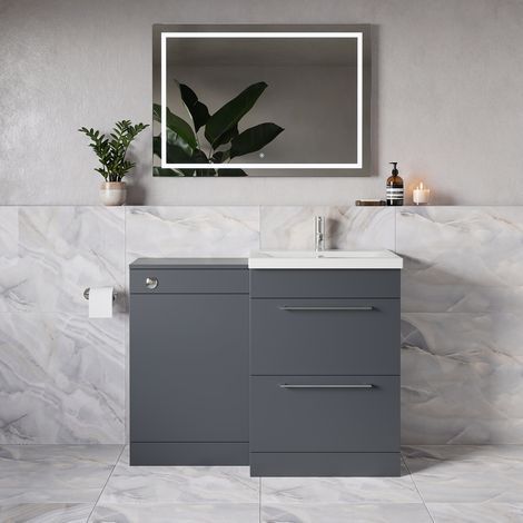 Napoli 390 Gloss Grey 1100mm 2 Drawer Vanity Unit Toilet Suite with Glide Basin - 1100mm - Chrome 320mm HandleWithout Kingston Toilet Pan