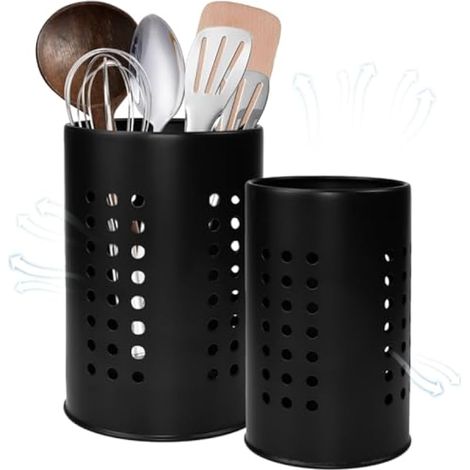 2 Pcs Porte Ustensiles en Acier Inox Cuisine, Porte Couverts Noir, Pot Couvert Vaisselle à Conception Creuse, Range Ustensiles 2 Tailles, pour Fourchette Baguettes Cuillère (1/5)
