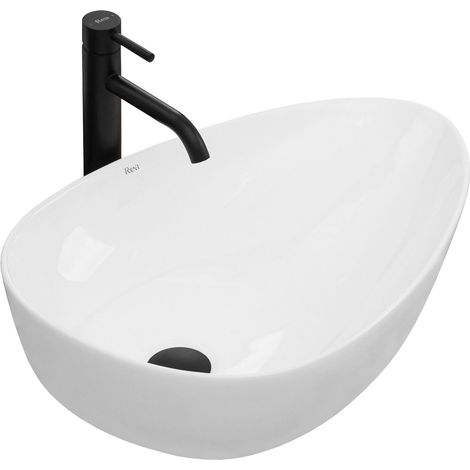 REA – Vasque à poser céramique blanche 560x390mm – Hauteur 130mm – Lavabo moderne pour salle de bain – Montage à poser (1/5)