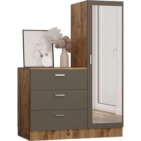 Les Tendances – Armoire 1 porte miroir blanche, gris et noyer – Commode 3 tiroirs assortie – Dimensions L 100 x H 72/140 x P 47 cm – Bois mélaminé durable (1/5)