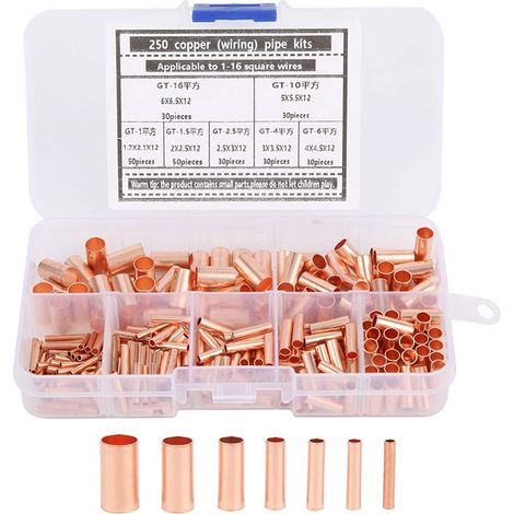 Connecteur Bout à Bout Non Isolée, 250pcs Embouts De CâBles Non Isolés Cosses De Câble En Cuivre, 7 Tailles Cosses électriques A Sertir Bout à Bout Terminaison à Sertir Pour Projets électrique (1/5)