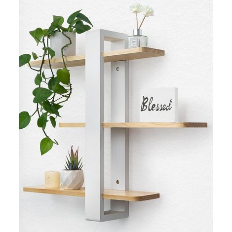 Étagère Murale Longue Réglable 3 Niveaux Blanche en Bois, 50 x 58 cm Étagère flottante en bois massif longue, tablettes amovibles, pour plantes et photos, salon, chambre, bureau et salle de bain (1/5)