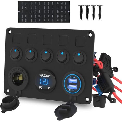 5-position switch with cigarette lighter socket and dual USB ports, car dashboard panel with voltmeter for customisation, 12-24 V (1/2)
