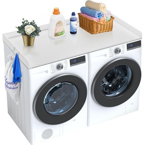 Comptoir pour lave-linge et sèche-linge, 137x70 cm, surface de comptoir en bois, dessus résistant à l'eau, avec coussinets antidérapants, pour organisation et rangement de la buanderie, blanc (1/5)