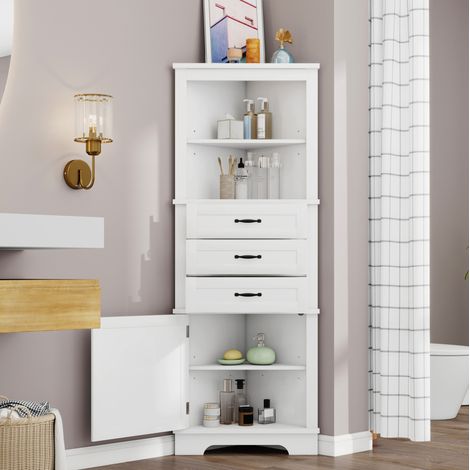 Armoire d’angle de salle de bain 57,7 x 46 x 167,5 cm, 3 tiroirs, MDF, blanche (1/5)