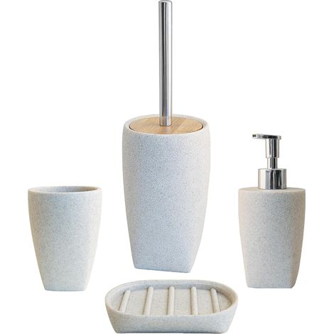 Schläfer 285350  Set Bagno Completo serie Sable, Dispenser Portasapone Liquido, Portasaponetta, Bicchiere Portaspazzolino, Portascopino, Accessori Bagno in Resina Colore Sabbia Effetto Pietra -4 Pz