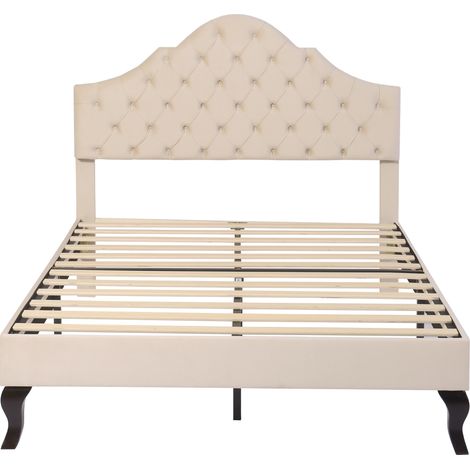 Lit capitonné 140x190 avec sommier à lattes, lit velours beige élégant avec tête de lit réglable en hauteur pour chambre. (1/5)