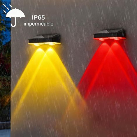 Hqynss Lampe Solaire Extérieur Jardin (Lot de 4), Applique Murale Solaire IP65 Étanche avec 9 Modes RGB, LED Puissante à Lentille pour Clôture, Terrasse, Escalier, Décoration de Fête (1/4)