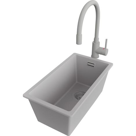 PRIMAGRAN Evier Cuisine en Granit 26x47cm,Lavabo 1 bac + Robinet 38x14cm + Kit de Vidage, Évier à Encastrer au meuble 30cm - London Slim, Gris (1/5)