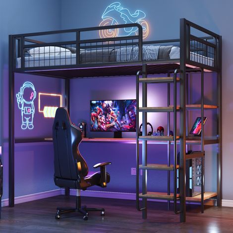Seyakany - Lit mezzanine métal 90x200 - Bureau intégré + étagères, échelle de sécurité, barrière grillagée - Noir (1/5)