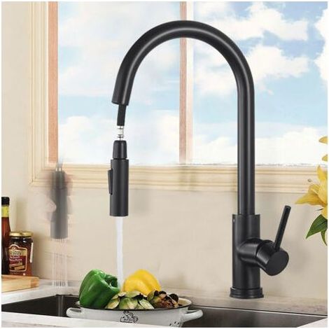 Robinet de cuisine avec douchette extractible Noir mat Pivotant à 360° Mitigeur d'évier de cuisine en acier inoxydable Mitigeur de cuisine 2 fonctions (1/4)