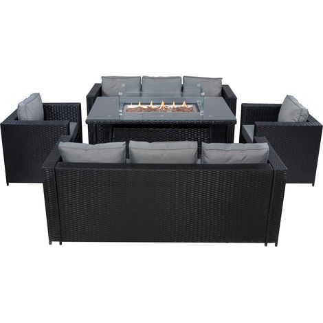 Set Giardino Rattan 8 Posti Nero Divani Poltrone Tavolo Firepit