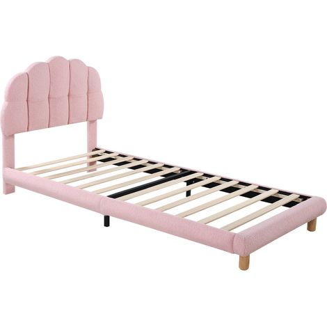 Cama infantil 90x200 cm con cabecero redondeado, bouclé rosa, estructura de MDF (1/5)