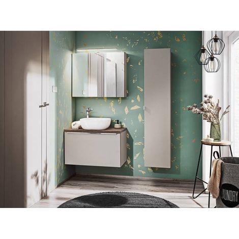 Ensemble meuble vasque 80 cm + cabinet miroir + colonne murale - Rosario Taupe - Livraison gratuite