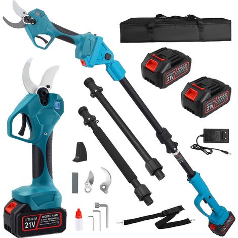 Sécateur électrique 2 en 1 avec écran LCD avec batterie 21 V, 2 x 3,0 Ah et barre d'extension de 2,3 m, diamètre de coupe 40 cm (1/5)