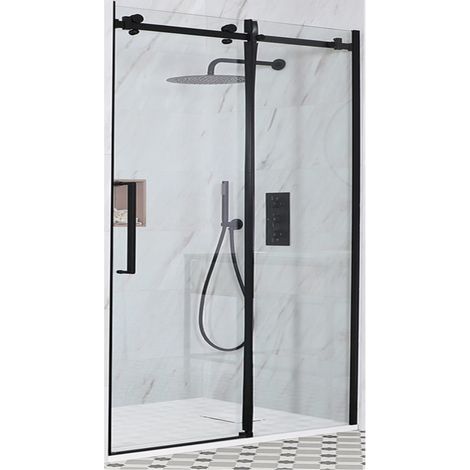 Milano Nero Black Reversible Frameless Sliding Door Shower Enclosure with White Slate Effect Tray and Fast Flow Waste - 1100mm x 700mm (1/5)