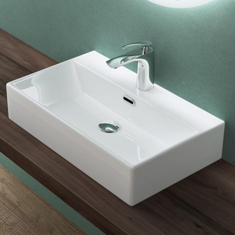 Mai & Mai Waschbecken keramik Aufsatzwaschbecken Hängewaschbecken Waschtisch mit Nano-Bechichtung BTH: 60x36x13cm Weiß Brüssel206