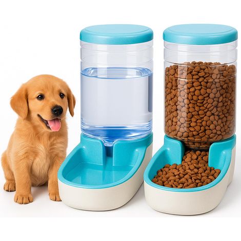 Distributeur Croquettes Chat, Chien, Automatique, 2 Unités, 3.8 L, Gamelle à Nourriture et à Eau pour Animaux de Compagnie (Bleu) (1/5)