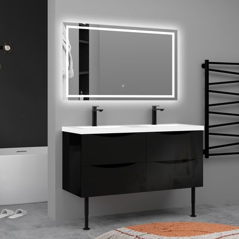AICA Meuble de salle de bain Brillant, Meuble de sol 120cm avec simple lavabo + 4 tiroirs, Noir (1/5)