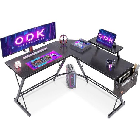 ODK Gaming Tisch Schreibtisch L Form mit Monitorständer 127x127 cm Schwarz (1/5)