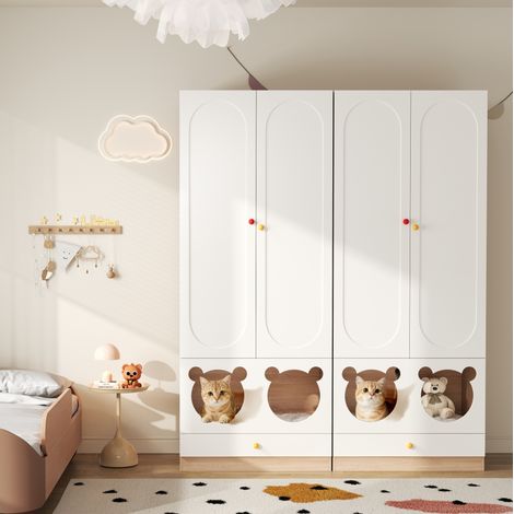 Armario infantil 160x50x200 cm blanco y natural en MDF con perchero, estantes y espacio para mascota (1/5)