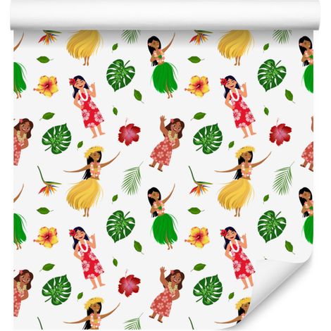 Papel pintado Mujer hawaiana Blanco y Verde 50x1000 cm (1/5)