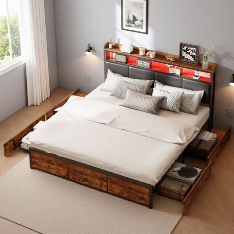 Letto Matrimoniale 180x200 - Letto Contenitore con Cassetti - Stile Industriale - LED Intelligente - Spazio di Ritenzione Ottimizzato