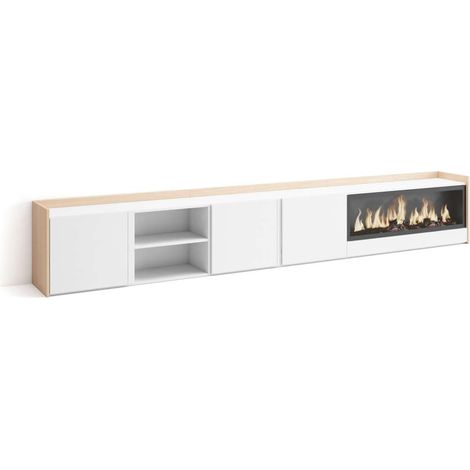 Mueble TV Benadalid-02 de 315x50x35 cm con chimenea eléctrica XXL, color blanco y roble soft (1/4)
