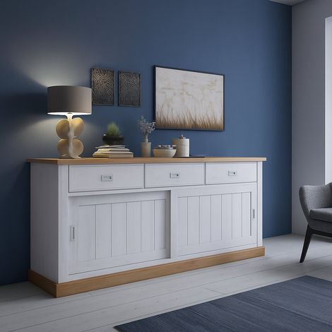 Credenza Malonno, Madia 3 Cassetti, 2 Ripiani, Apertura Scorrevole, 220x50x95h cm Bianco (1/3)