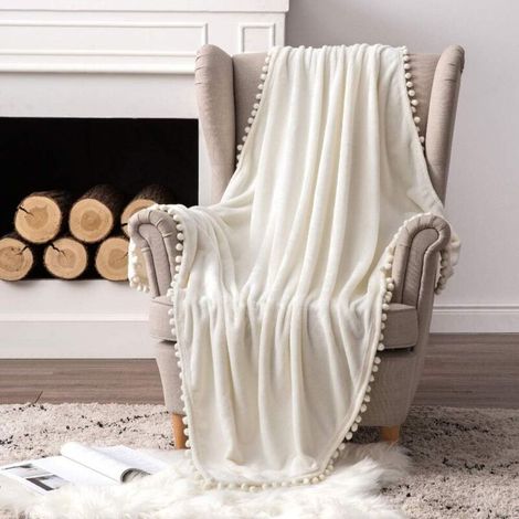 Plaid Couverture Polaire en Flanelle Velours 1 Pièce Moelleux Douce Chaude Fourrure avec Pompom pour Lit Canapé Chambre Balcon Voyages Bébé Feuteille 150X200CM Beige (1/5)