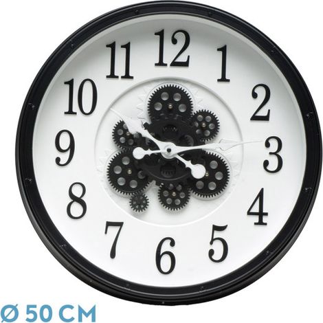 Orologio da parete BERROCAL nero bianco 50x50x6 cm con ingranaggi con movimento