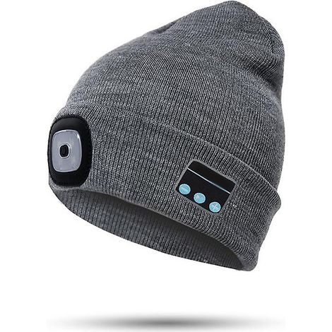 Bonnet Bluetooth avec lampe frontale LED rechargeable, chaud et tricoté, idéal pour l'hiver. (1/3)