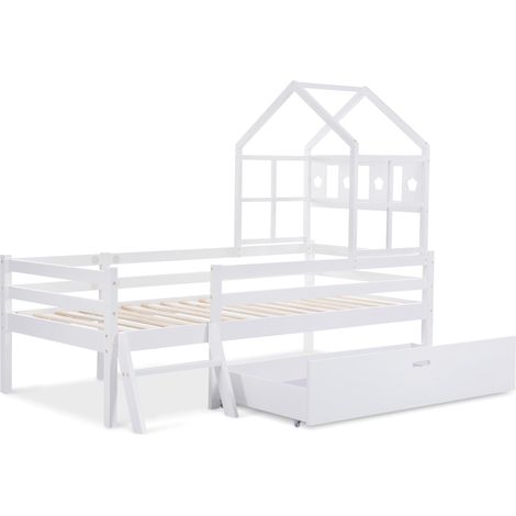 Kinder-Hausbett 90x200 cm weiß mit Leiter, Schubladen und Lattenrost (1/5)