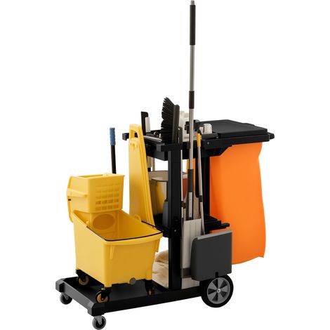 Chariot de nettoyage à 3 compartiments de rangement, chariot à serpillière avec sac poubelle et couvercle, roues pour usage commercial (1/5)