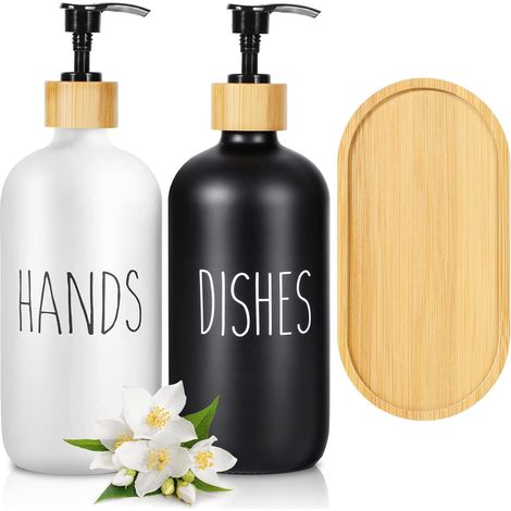Ensemble de Distributeur de Savon en Verre, Ensemble de Distributeur de Savon pour Salle de Bain avec Plateau, Ensemble de Distributeur de détergent 500 ML pour décor de Cuisine（noir+blanc）