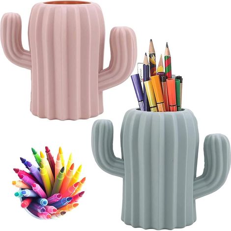 Set aus 2 Stiftehaltern, Schreibtisch-Stiftehaltern, Make-up-Pinselhaltern, Stifteetui und kaktusförmiger Box, kreativ und witzig, Bürobedarf, Waschbecken - Nordisches Rosa + Nordisches Grün