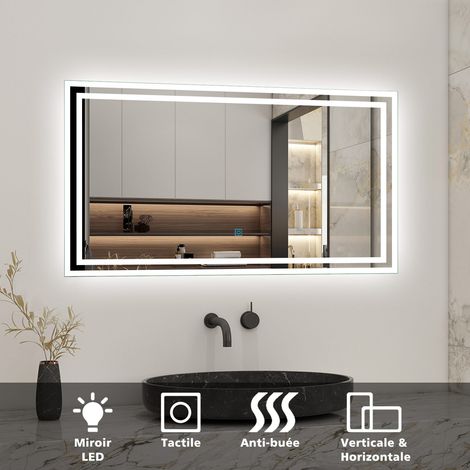 Miroir de salle de bain led tactile, 90cm x 70cm rectangulaire illumination LED intégrée avec fonction anti-buée Horizontal/Vertical Blanc froid