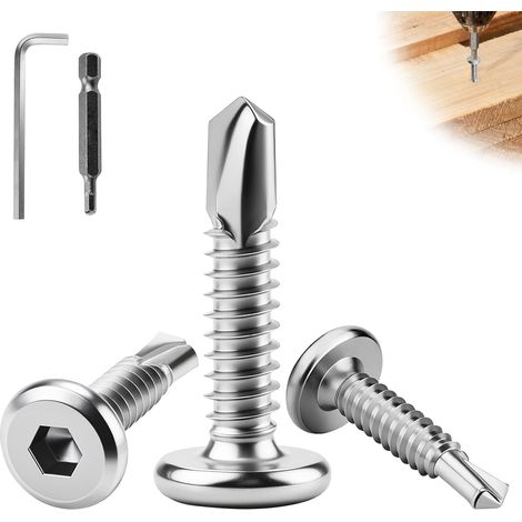 110 pièces Vis Autoforeuse en acier inoxydable M5.5x25 mm Vis à tôle 410 Vis autotaraudeuses en acier inoxydable à tête plate et six pans creux Vis métalliques pour tôle, bois et métal (1/5)