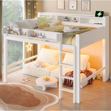 Bett Hochbett modern Holz Weiß 140x200 cm mit Schreibtisch, 3 Schränken, LED, USB und Lattenrost (1/5)