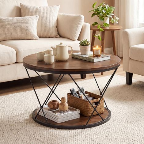 Tribesigns Table Basse Ronde 80 cm, Table d'Appoint Industrielle en Bois Massif avec Étagère, Gain de Place pour Salon, Petits Espaces & Balcon, Brun Rustique + Noir, Montage Facile (1/5)