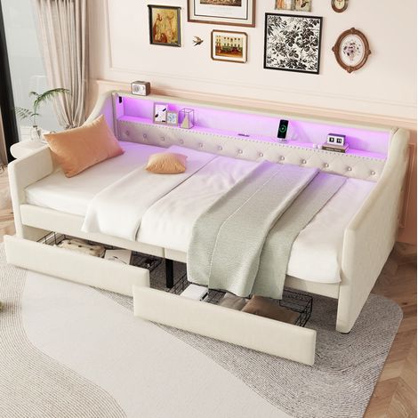 Daybett 90/200 cm beige aus Leinen und MDF mit LED-Beleuchtung, USB-Anschluss und 2 Schubladen (1/5)